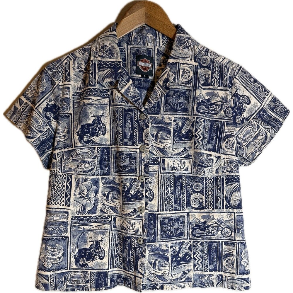 Harley Davidson Tori Richard Blue Motorcycle Camp Shirt Made in Hawaii Women’s L